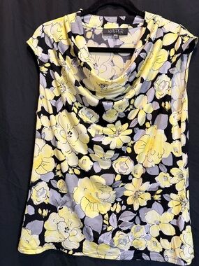 Kasper Black Floral Cowl Neck sleeveless blouse with Yellow Accents